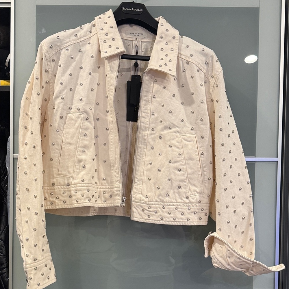 rag & bone Ivory Studded Cropped Jean Jacket